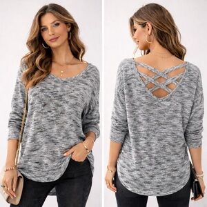 Express Gray Long Sleeve Top with Crisscross Back